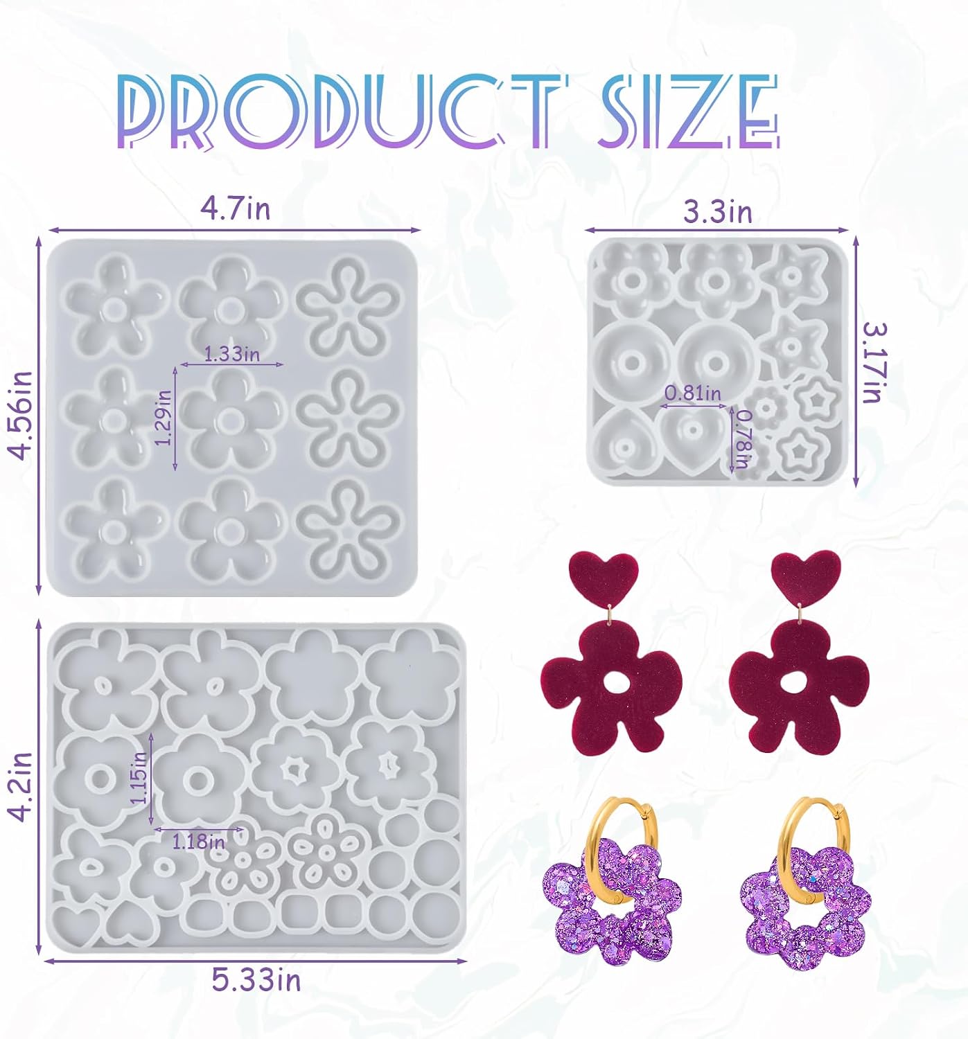 YODOYO Flower Resin Earring Molds with Multiple Pattern Design, 3pcs Star Heart Pendant Silicone Mold, Flower Jewelry Resin Casting Mold for UV Epoxy Crafts DIY Earrings Necklace Keychain