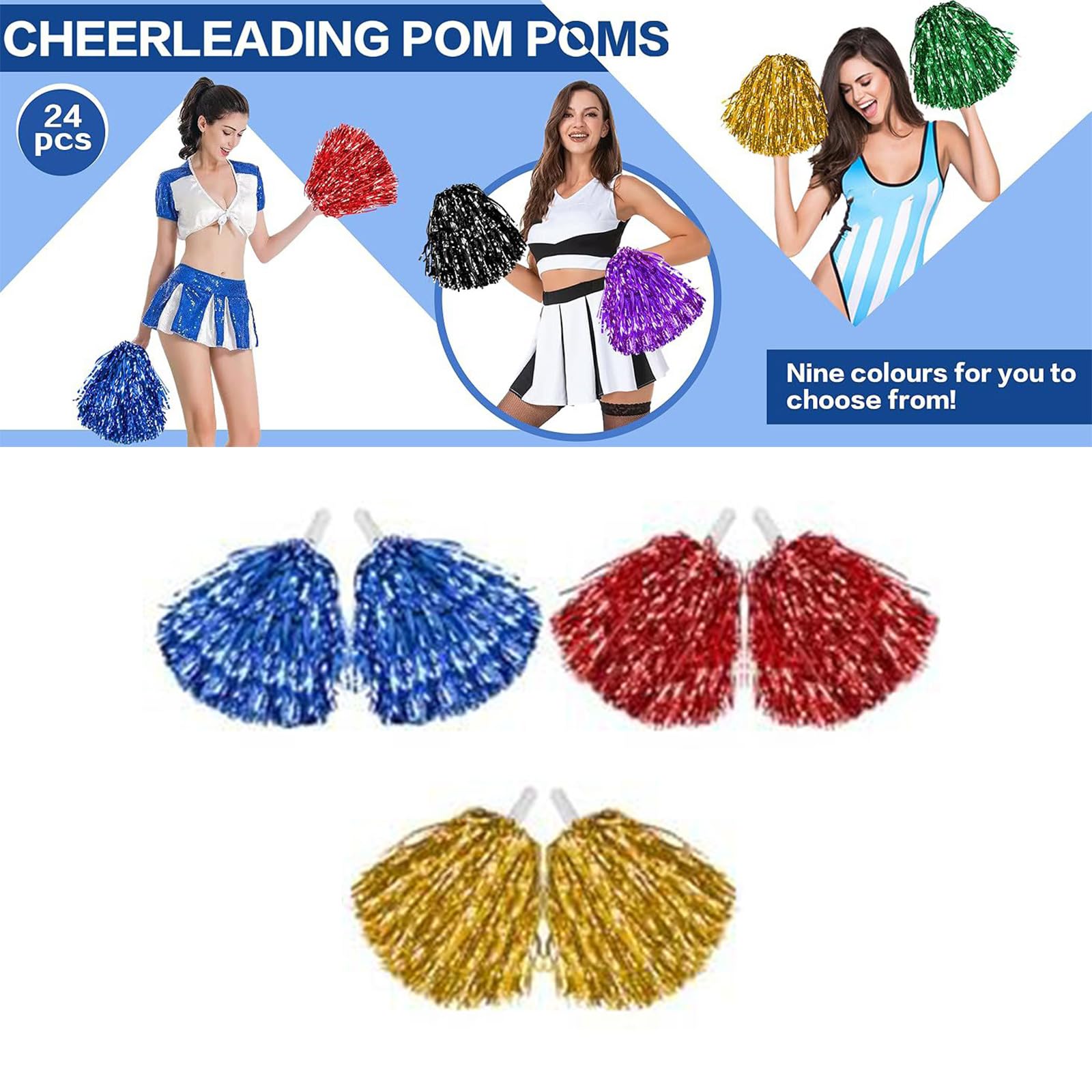 Glänzende Cheerleader-Pompons für Team-Wettbewerbe, festliche Feiern, buntes Cheerleader-Tanz-Pom-Set, 24 Stück
