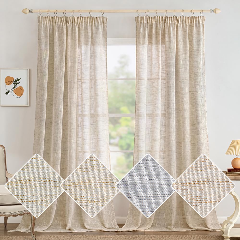 MIULEE Leinen Gardinen Vorhänge mit Kräuselband Weiss Gardine Vorhang Leinenoptik kräuselband Wohnzimmer Modern Voile Schienensystem Schlafzimmer 2er Set 140x300 cm Natur