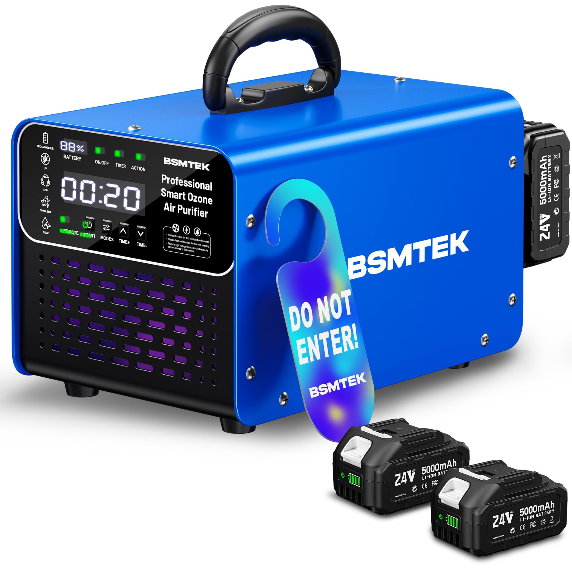 BSMTEK Cordless Ozone Generator with 2X 5000mAh Battery & Quick Charger, 24V Professional Grade Ozone Machine, Deodorizer, With Remote Control,