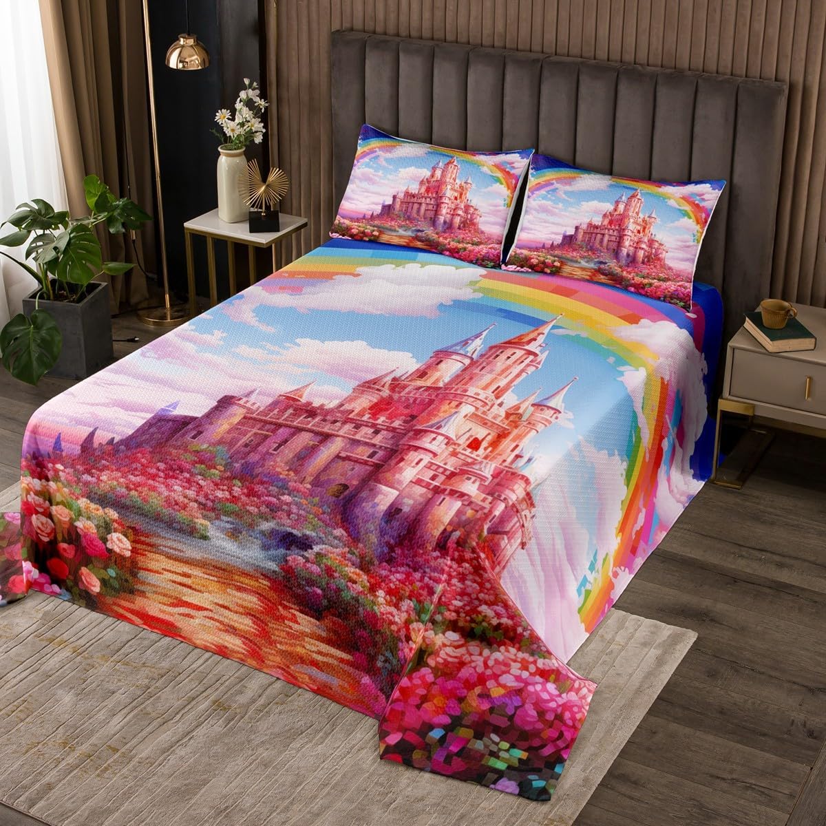 Pink Castle Dreamy Bedding Set King Size,Rainbow Floral Garden Princess Bedspread Kids Boys Girls Room Decor Watercolor Oil Paint Romantic Comforter Set Fairy Tale Theme Coverlet Set,2 Pillowcases