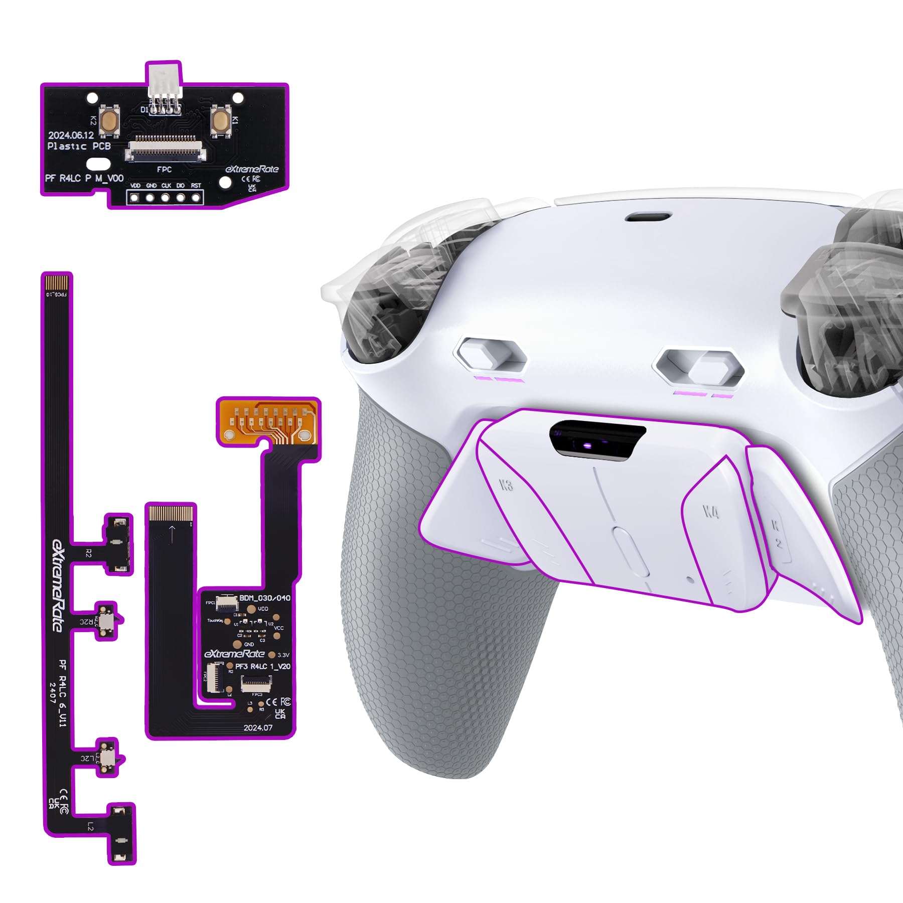 eXtremeRate RISE4 Plus MAX Remap Kit per ps5 Controller BDM-030 040 050 060, 4 Palette Posteriori Programmabili & Clicky Trigger Stop per ps5 Joystick - Senza Controller, Bianco&Grigio