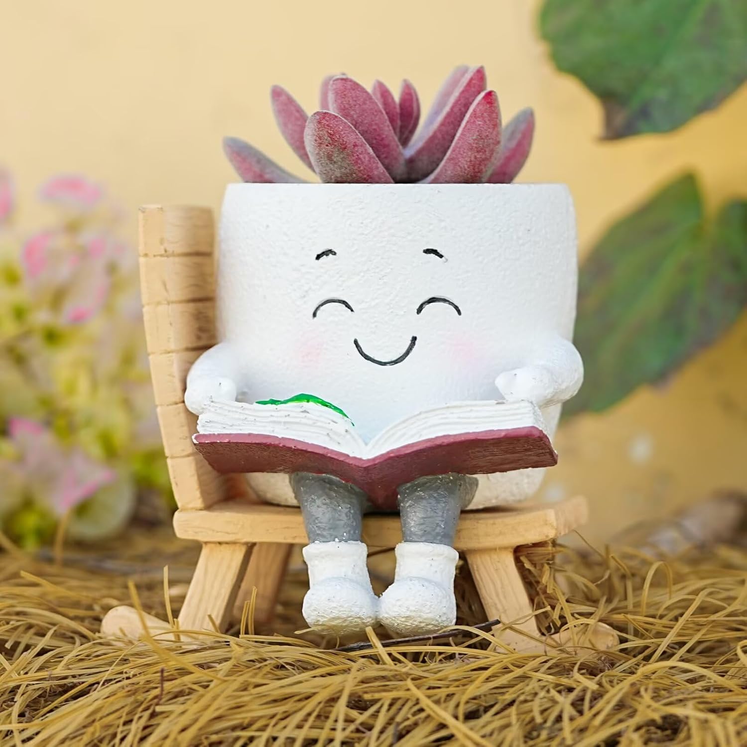 2PCS Rocking Chair Plant Pot - Durable Resin Planter for Indoor Outdoor, Smiley Face Planter, Cute Unique Funny Plant Pots for Indoor Outdoor Plants, Succulent Pots with Drainage Hole