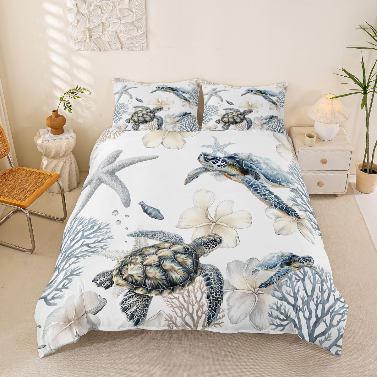 Housse de couette tortue de mer 200x200 anti-plis en microfibre pour lit 2 personnes