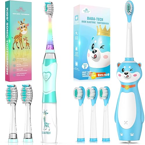 DADA-TECH Cepillo de dientes eléctrico para niños, verde (DT-K6), cepillo de dientes eléctrico para niños, recargable azul (DT-KE9)