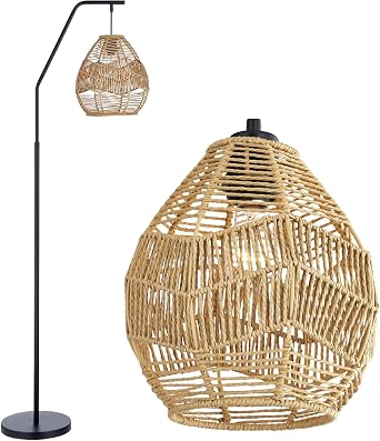 Maxax 65" Boho Rattan Floor Lamp for Living Room, Farmhouse Arc Standing Lamp with Larger Woven Rattan Lamp Shade, Industrial Rustic Black Floor Lights for Bedroom Office