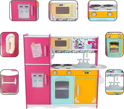 Miniatura 2 de Juego de cocina para niños de 3 a 8 años, cocina de madera para juegos de simulación, teléfono inclinado, máquina de hielo, refrigerador,