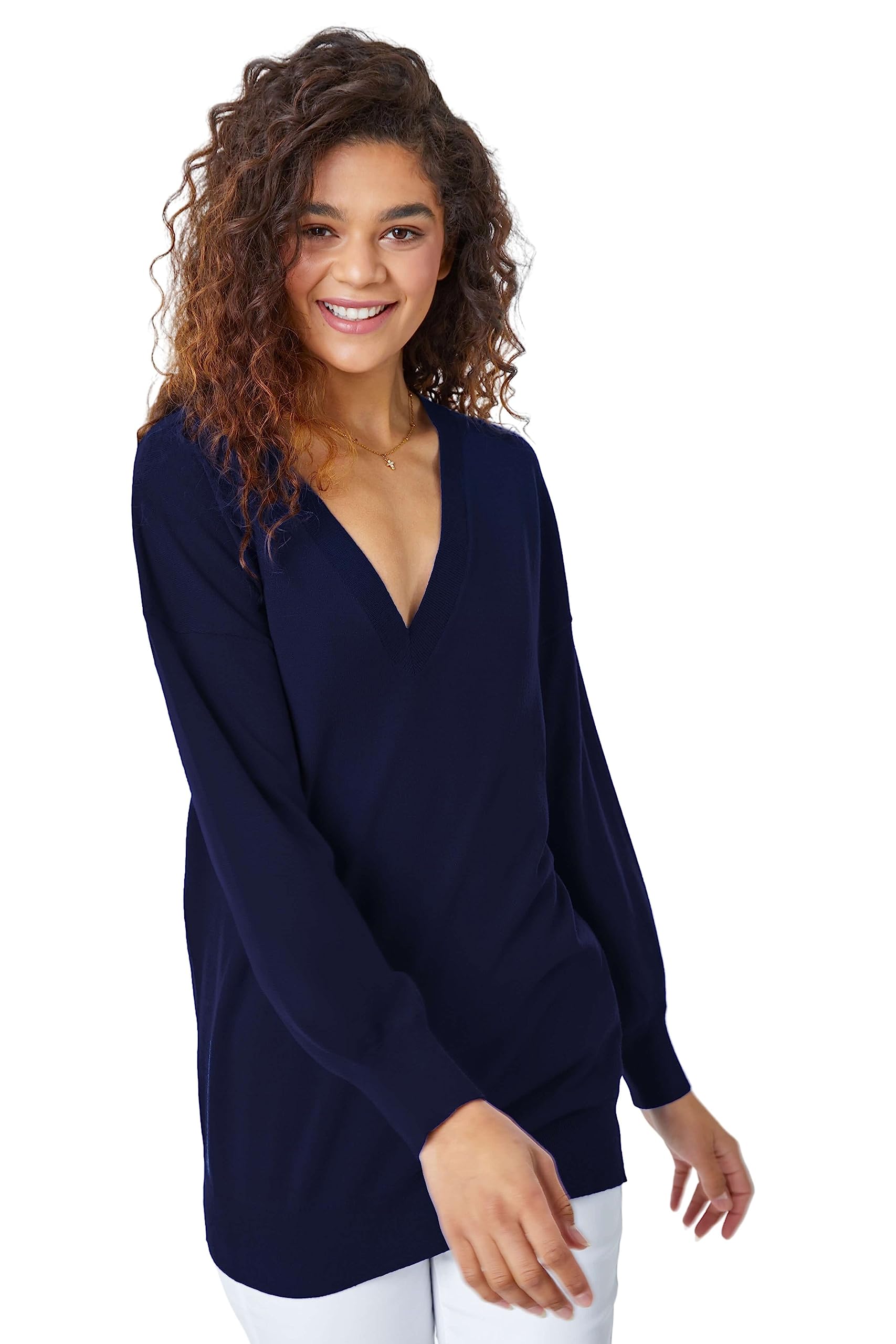 Roman Originals Women's Navy V-Neck Jumper For Uk Boyfriend Fit Slouch Sweater Winter Autumn Textured Casual Flattering Knit Pullover Knitwear Daywear Lightweight Lounge - Size 14