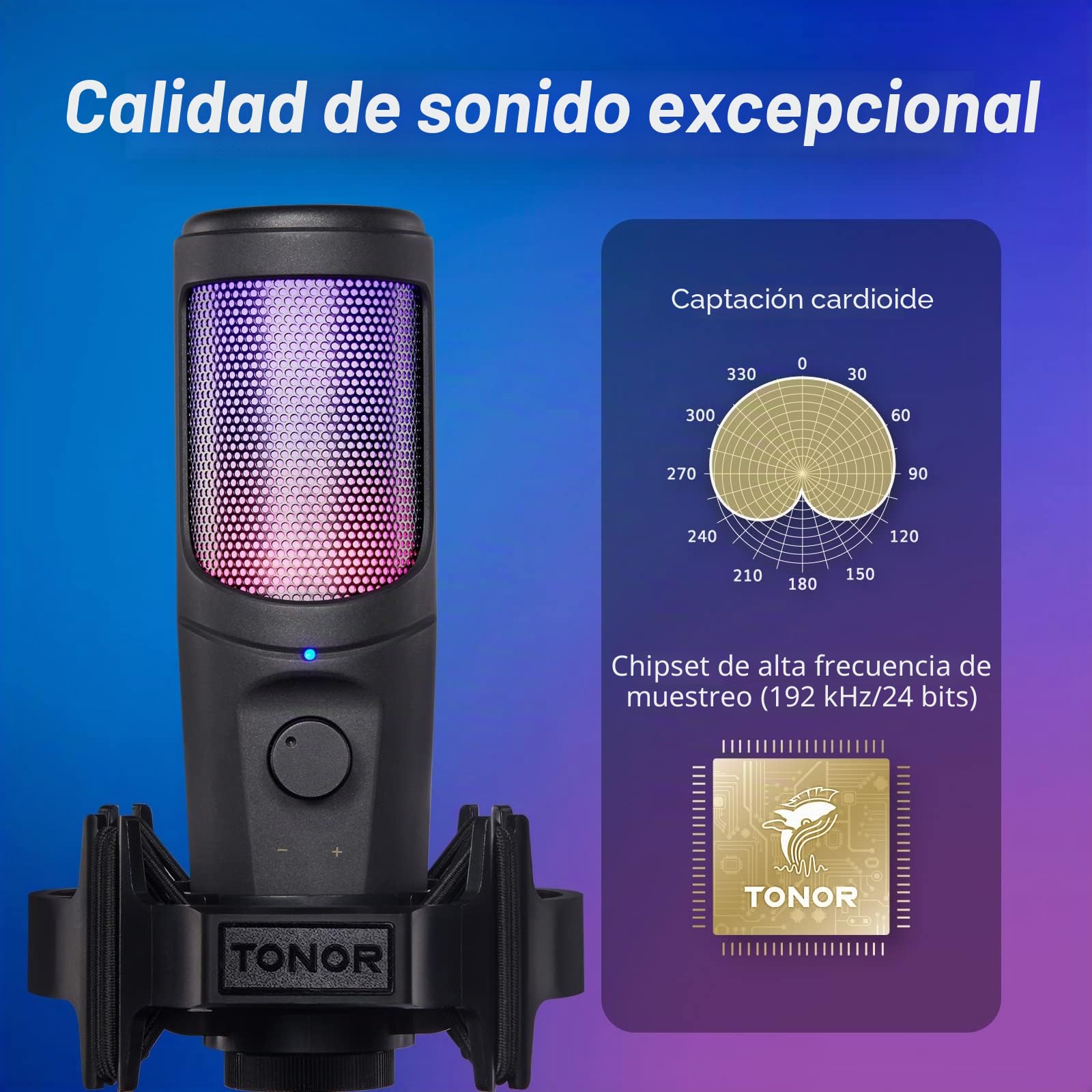 TONOR Micrófono USB RGB Gaming, para Streaming Micrófono de Condensador Cardioide, Micrófono de Estudio con Brazo Soporte TC40 RGB