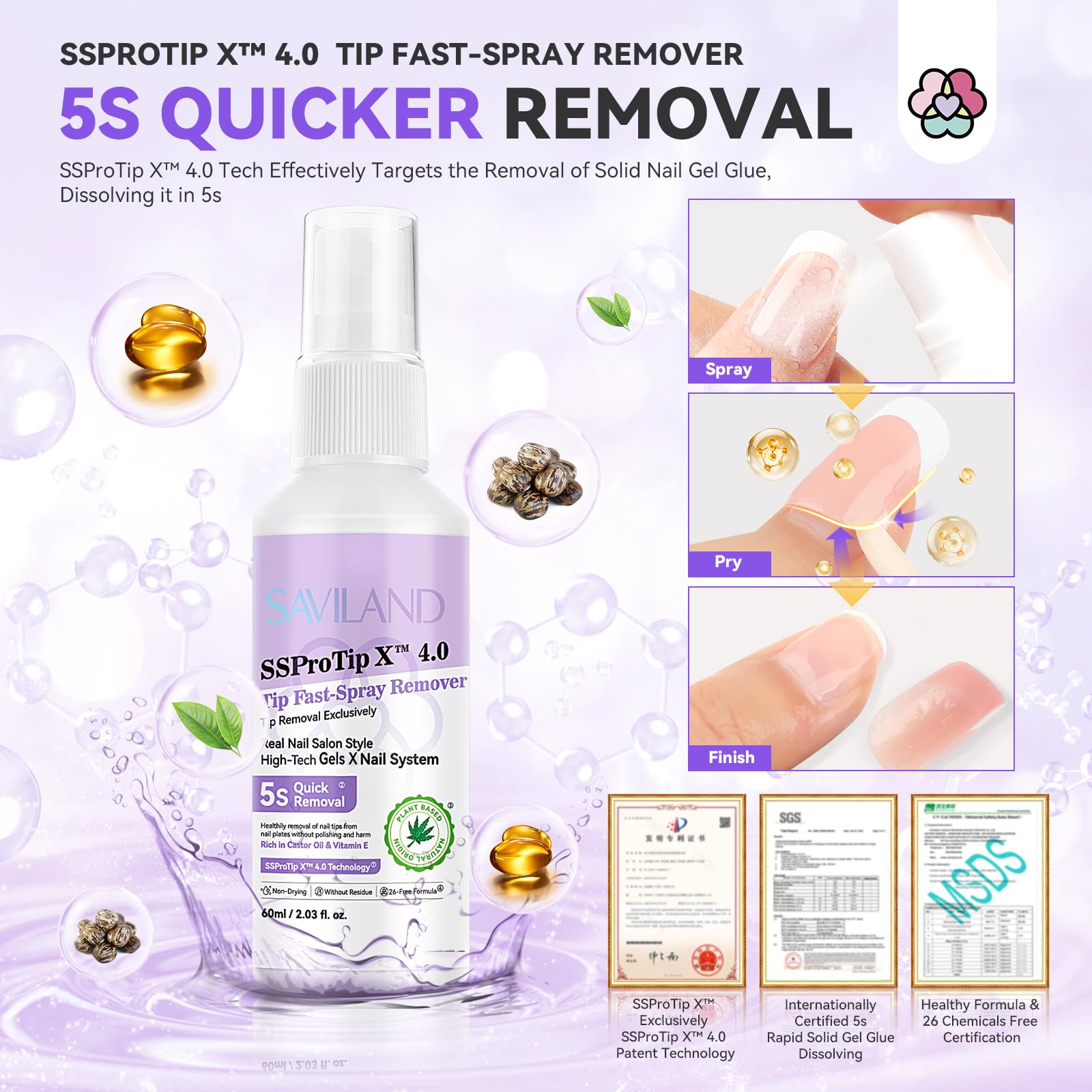 Saviland Kit de Dissolvant pour Colle à Capsule, 60ml Remover Pulvériser pour Faux Ongle Acrylique Pressé, Dissolvant pour Capsule Soin des Ongle, Retrait Facile et Rapide