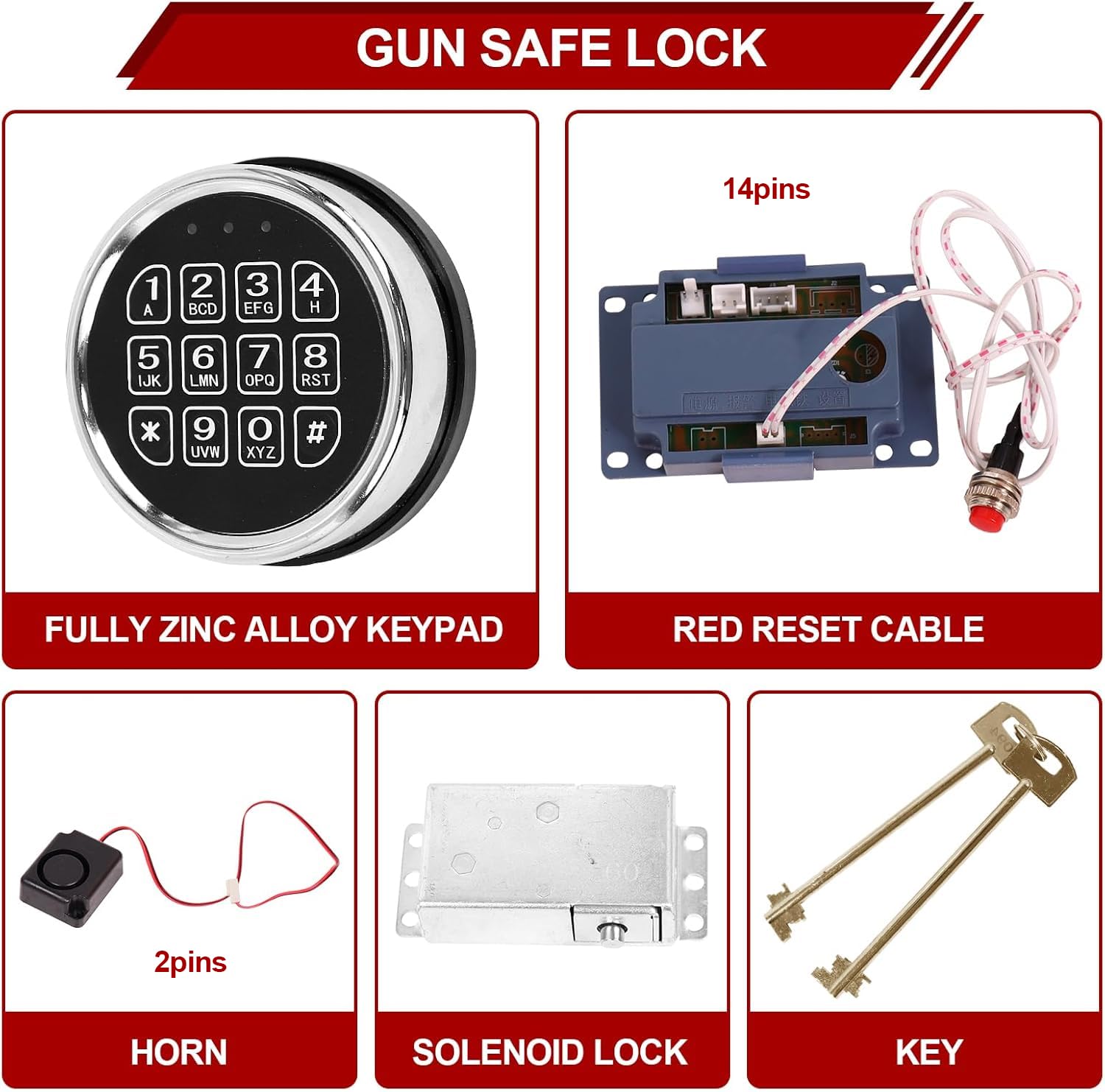 Cerradura de seguridad para pistola con bloqueo solenoide, cerradura de caja de seguridad con 2 llaves de anulación, teclado cromado de repuesto para caja de seguridad/rifle, cable de reinicio