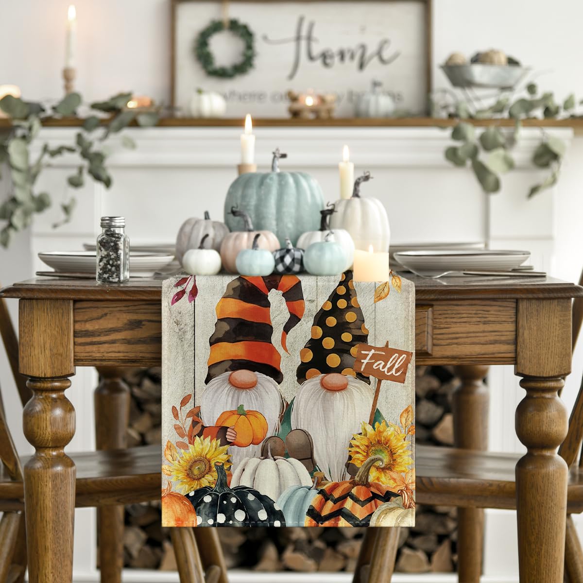 Artoid Mode Wood Gnomes Pumpkins Sunflower Leaves Fall Table Runner, Seasonal Autumn Kitchen Dining Table Decoration for Home Party Decor 13x72 Inch