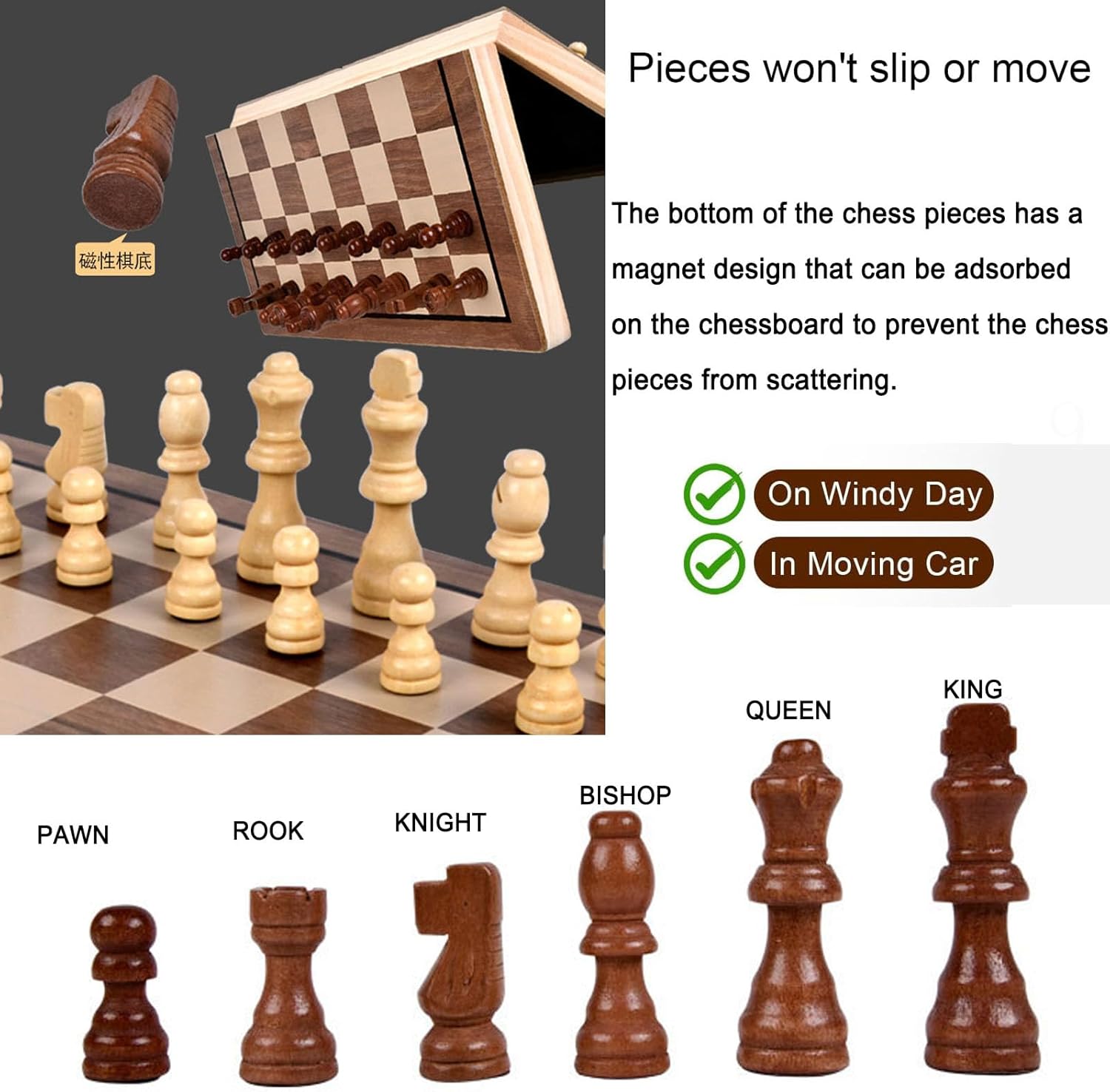 15.4インチ 磁気チェスセット ボードゲーム 2イン1 チェッカーセット 木製 折りたたみ式 手作り ポータブル 旅行 チェスボー