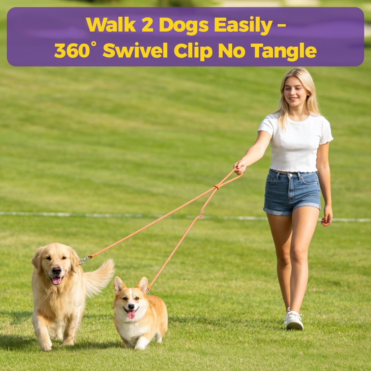 Hands Free Dog Leash, Double Dog Leash 2-in-1 Convertible Heavy Duty Nylon Waist & Shoulder Strap with 360° Swivel Hook for Medium Large Dogs, Walking Jogging Training (Orange/Purple, 7.2FT)（Orange）