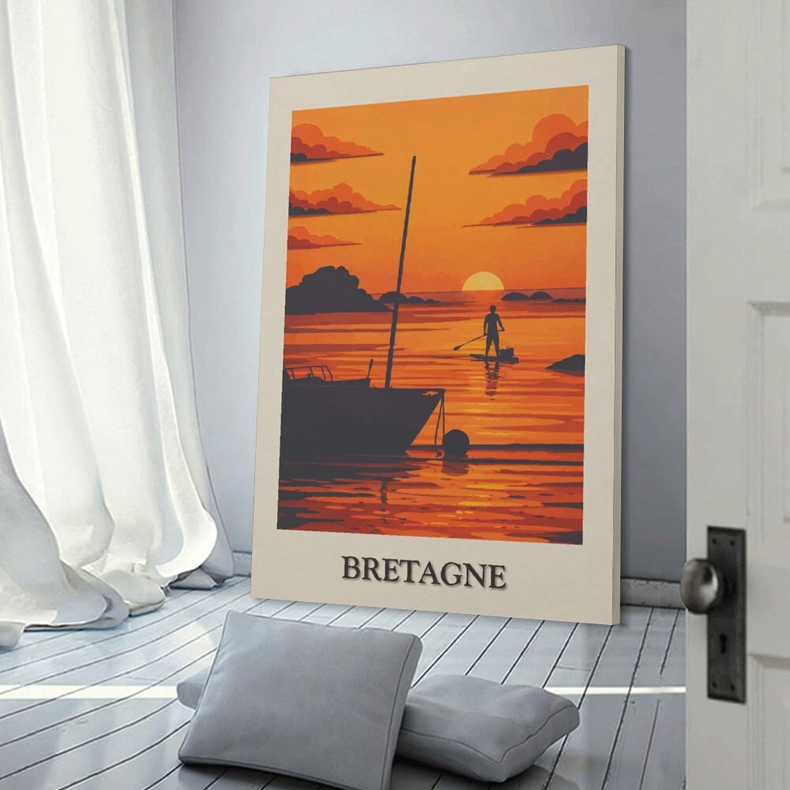 Junmoney Room Decor Wall Art Bretagne Sunset Paddleboard Silhouette, 20x30inch(50x75cm), for Home Office, Desk Area Or Studio, An Interior Accent for Desk Areas