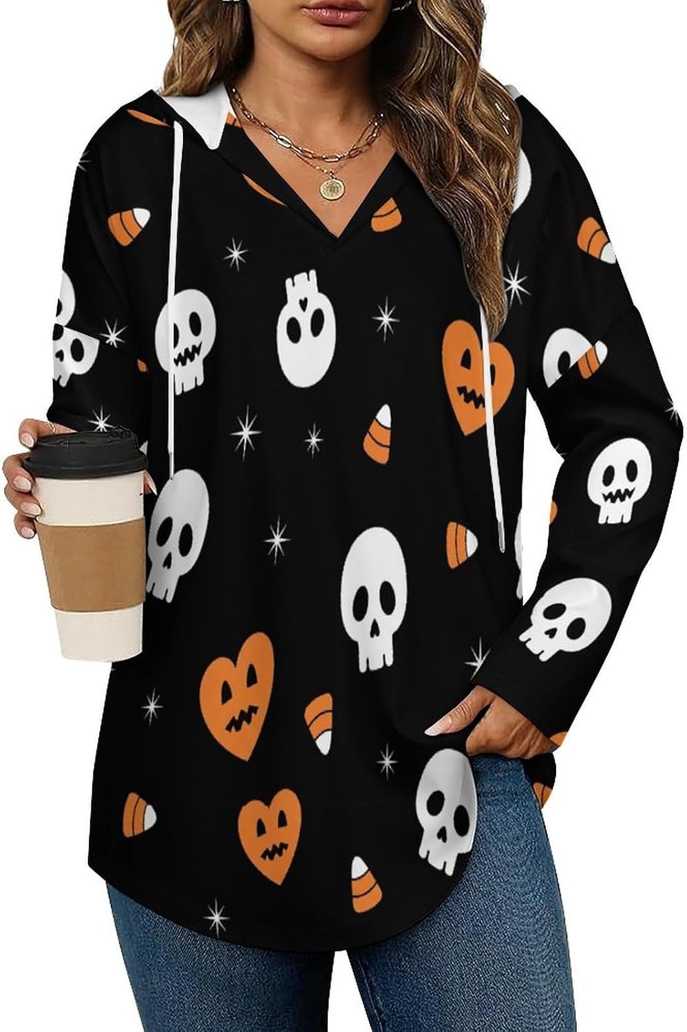 Women's V-Neck Hoodie with Drawstring Long Sleeve Lightweight Pullover, Loose Fit Sweatshirt for Casual Fashion Top