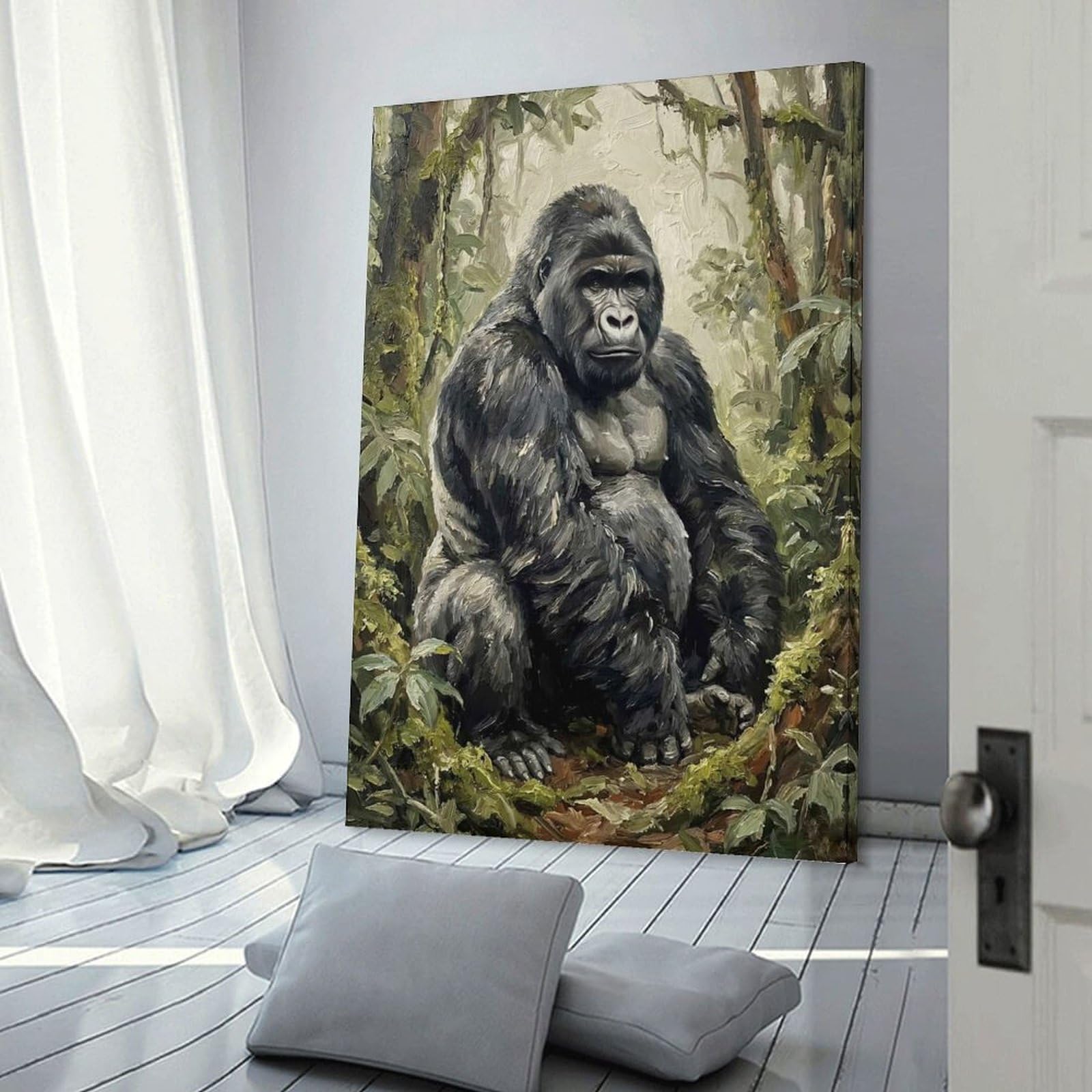 Junmoney Majestic Gorilla in Lush Forest Wall Art Print, 24x36inch(60x90cm), for Entrance Spaces, Stair Walls Or Halls, Home Artwork for First Impressions