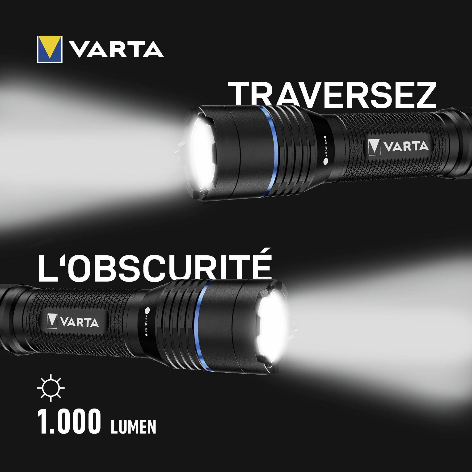 VARTA Lampe Torche LED rechargeable, Night Cutter Pro F20R Tactique, 1000 lm, Brise-vitre, Étanchéité IP67, Aluminium de qualité aéronautique, Étui de ceinture et cordon inclus | 5 modes d'éclairage, fonction brise-vitre, IP67, aluminium aéronautique, USB