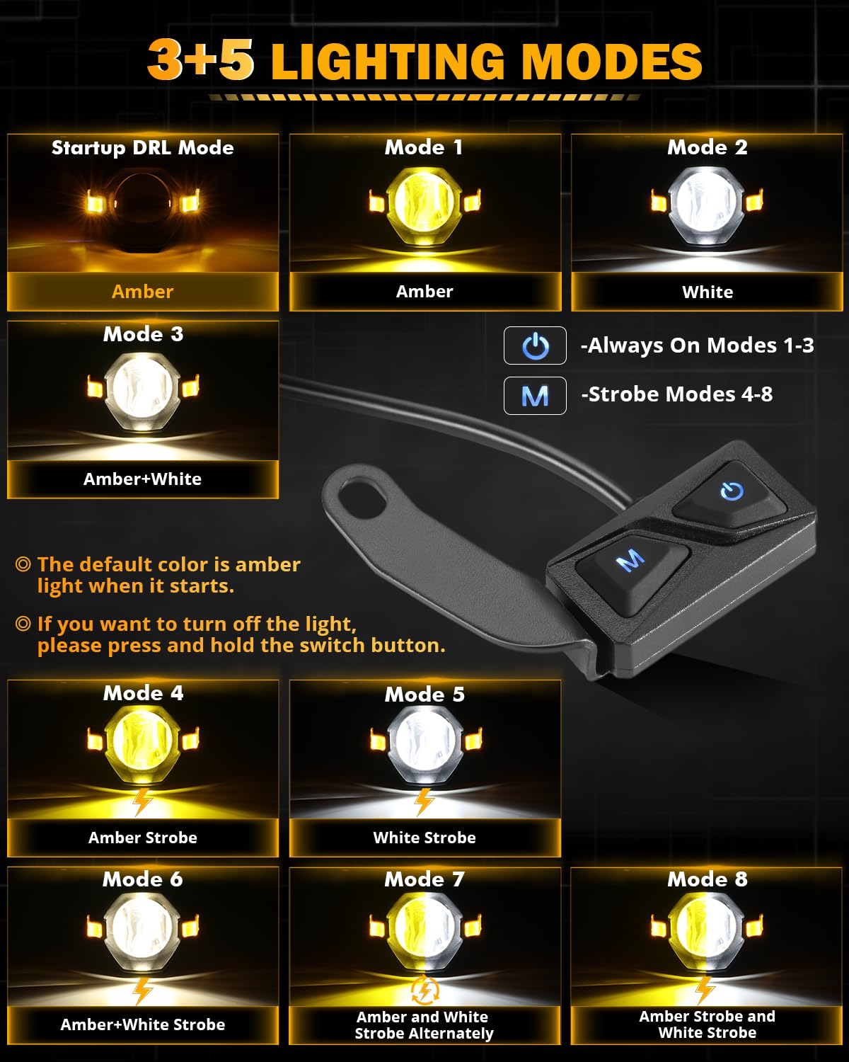 Auxbeam Luces Antiniebla LED para Motocicleta Luces Auxiliares Luz de Conducción Reflectores 8 Modos Blanco/Ámbar Color Dual Estroboscópico Switchback 3 Pulgadas 60W Luz de Trabajo LED Todoterreno
