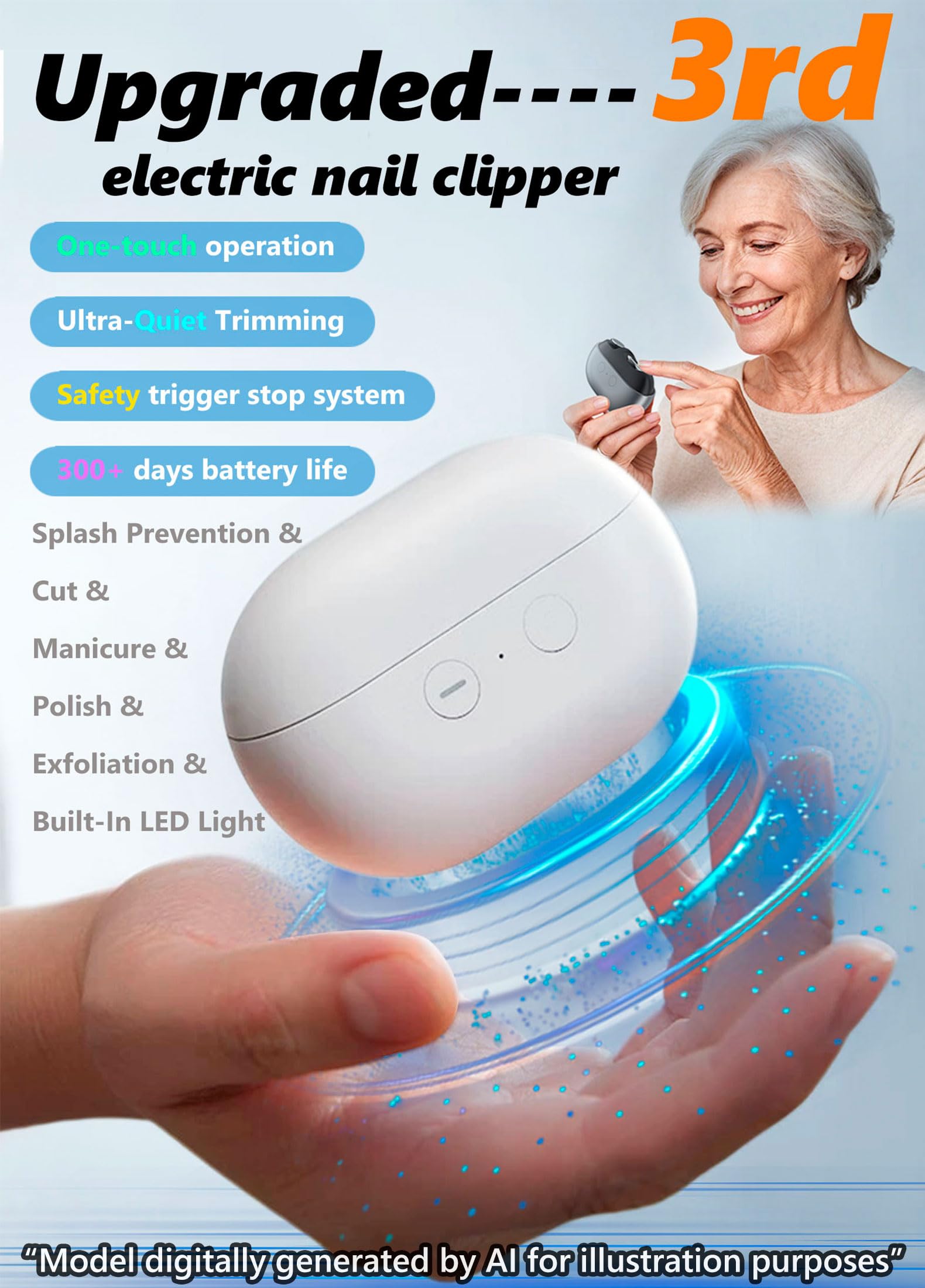 Cortaúñas eléctrico 3 en 1, recortador de uñas recargable por USB con luz LED y 3 velocidades, amoladora de uñas silenciosa para adultos, personas mayores y uso familiar (blanco)