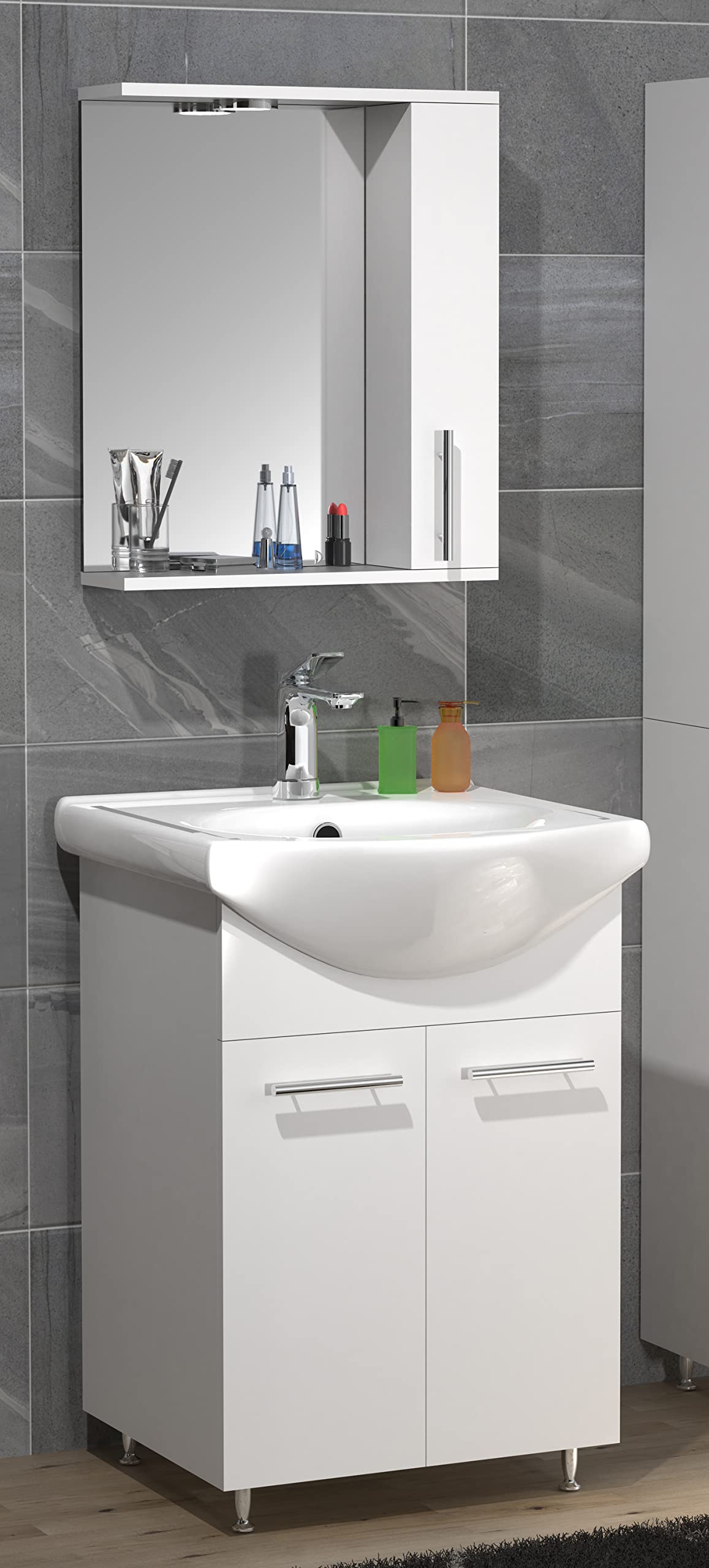 VCM Mueble Lavabo 3 Piezas Lavabo Conjunto de Muebles de baño Lavabo Armario con Espejo Puertas batientes Lisalo M Blanco
