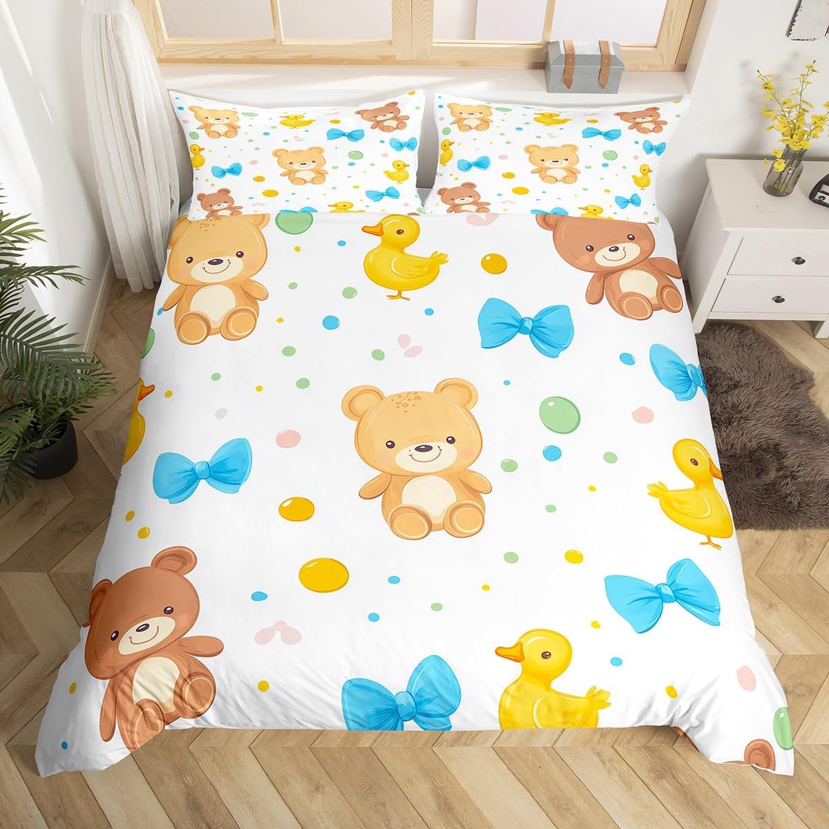 Erosebridal Cartoon Duck Comforter Cover Toddler Size Kids Cute Bear Duvet Cover Dreamy Blue Bowknot Bedding Set for Boys Girls Children Colorful Candy Quilt Cover