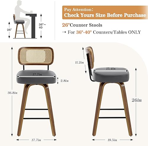 Miniatura 55 de Bekrvio Juego de 3 taburetes de bar giratorios de altura de mostrador, taburetes de bar tapizados de piel sintética con respaldo de ratán, sillas de