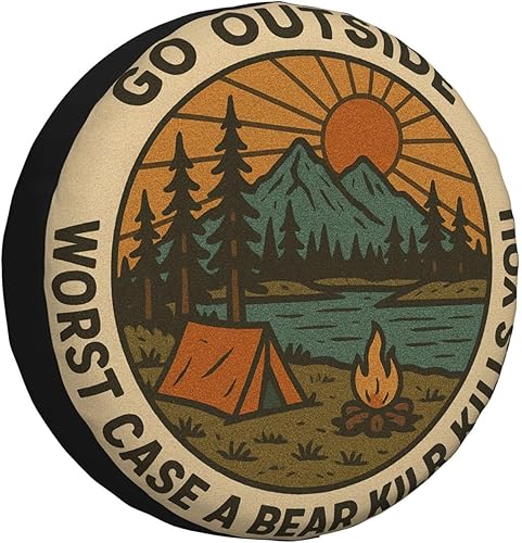 Funny Camping Spare Tire Cover with Retro Mountain Tent Campfire Design Waterproof Vehicle Wheel Cover for RV, Truck, Cars Trailer & Camper Decor