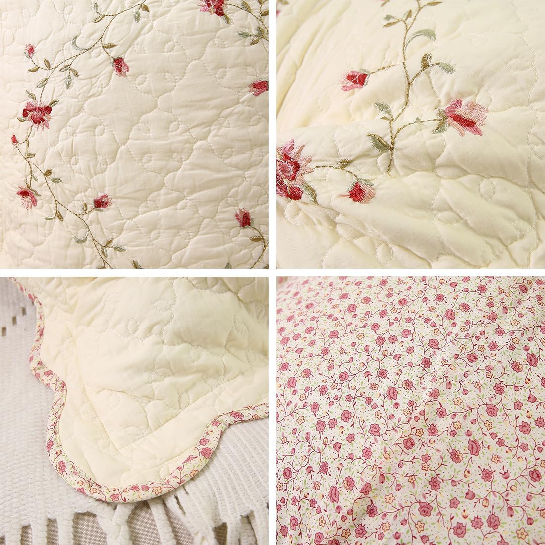 vctops Set of 2 Cotton Quilted Embroidered Decorative Square Throw Pillow Covers with Scalloped Floral Soft Cushion Case for Couch Sofa Bed (Flower D,18"x18")