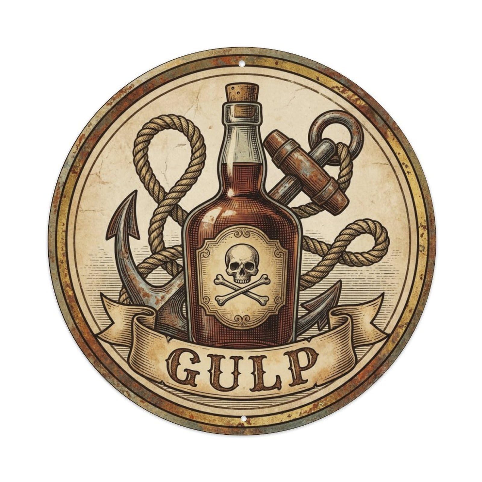 Gulp Rum Bottle Anchor Rope Buccaneer Label Metal Tin Sign