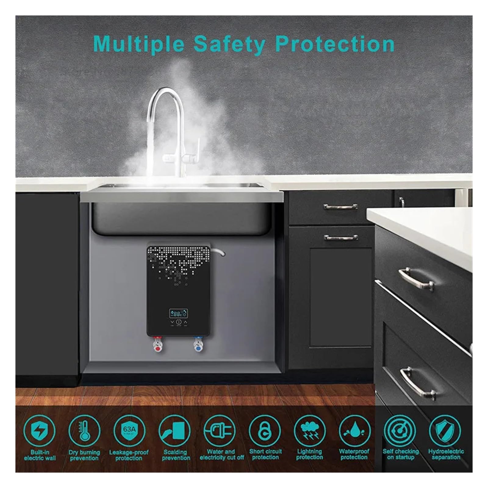 Calentador De Agua Eléctrico Instantáneo, Grifos Baño Ducha, Grifo Cocina, 6500W, Pantalla Digital, Temperatura Automática RáPido Y CóModo