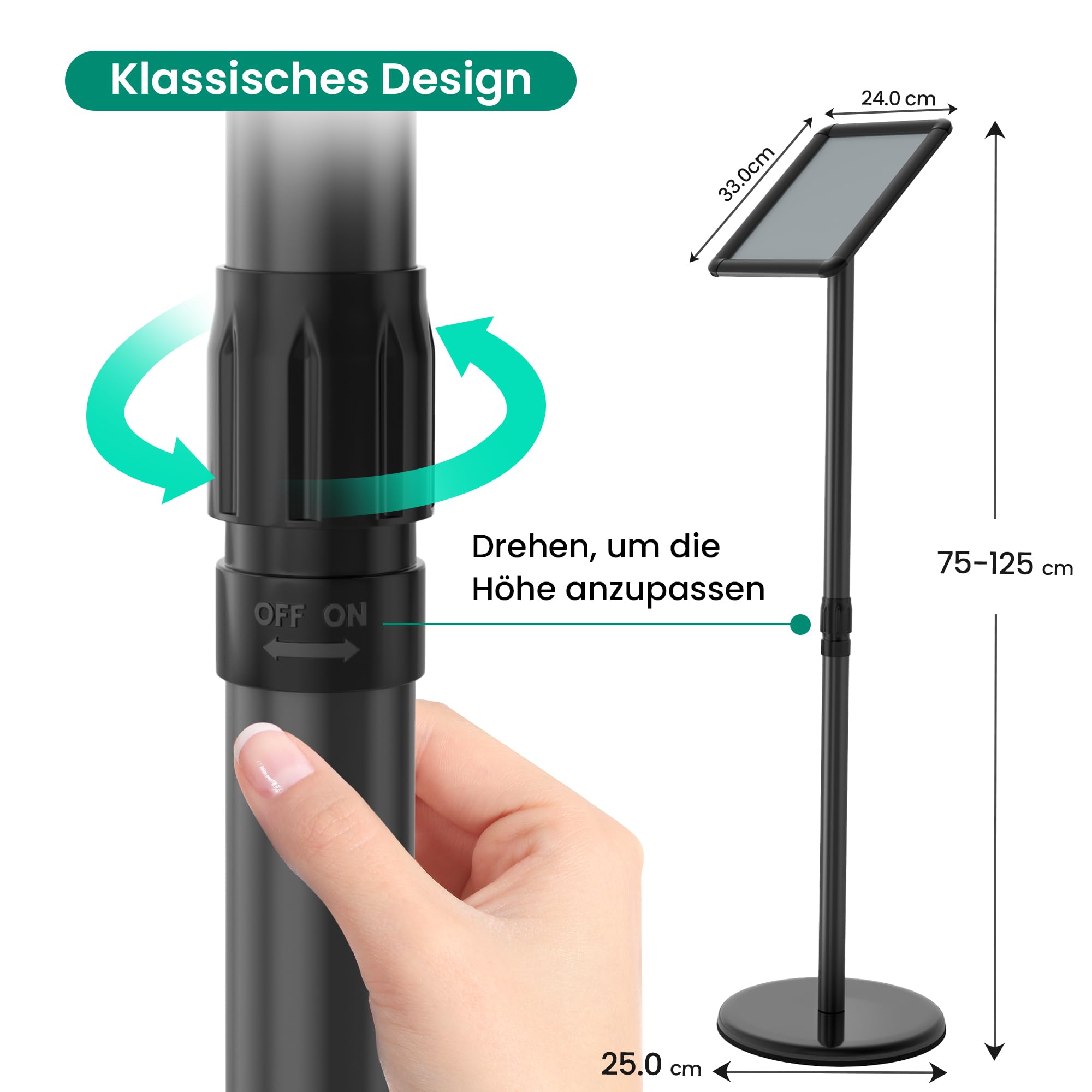 Infoständer DIN A4 297x210mm Informationsständer Höhenverstellbar Edelstahl Kundenstopper Aufsteller Plakatständer Präsentationsständer Werbeständer (Schwarz, A4)