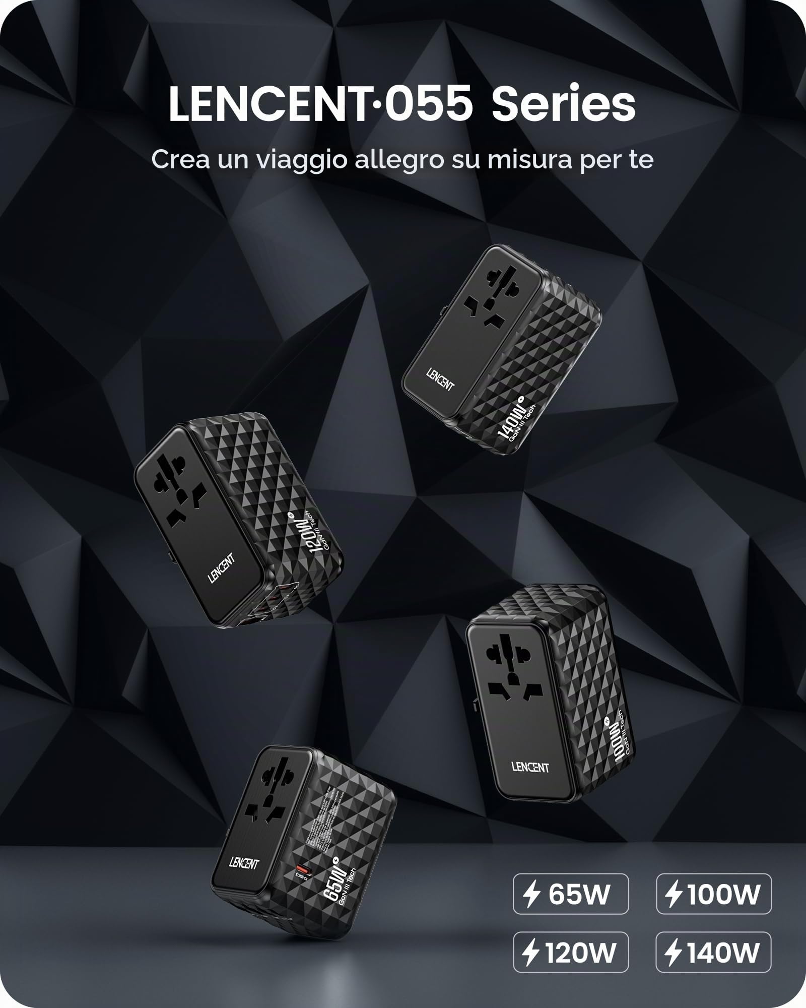 LENCENT Gan III 120W Adattatore Universale da Viaggio | Caricatore Internazionale Con 1 USB-A e 3 USB-C, Ricarica Veloce per Cellulare Tablet, Adattatore Spina UE/UK/US/AUS - Nero