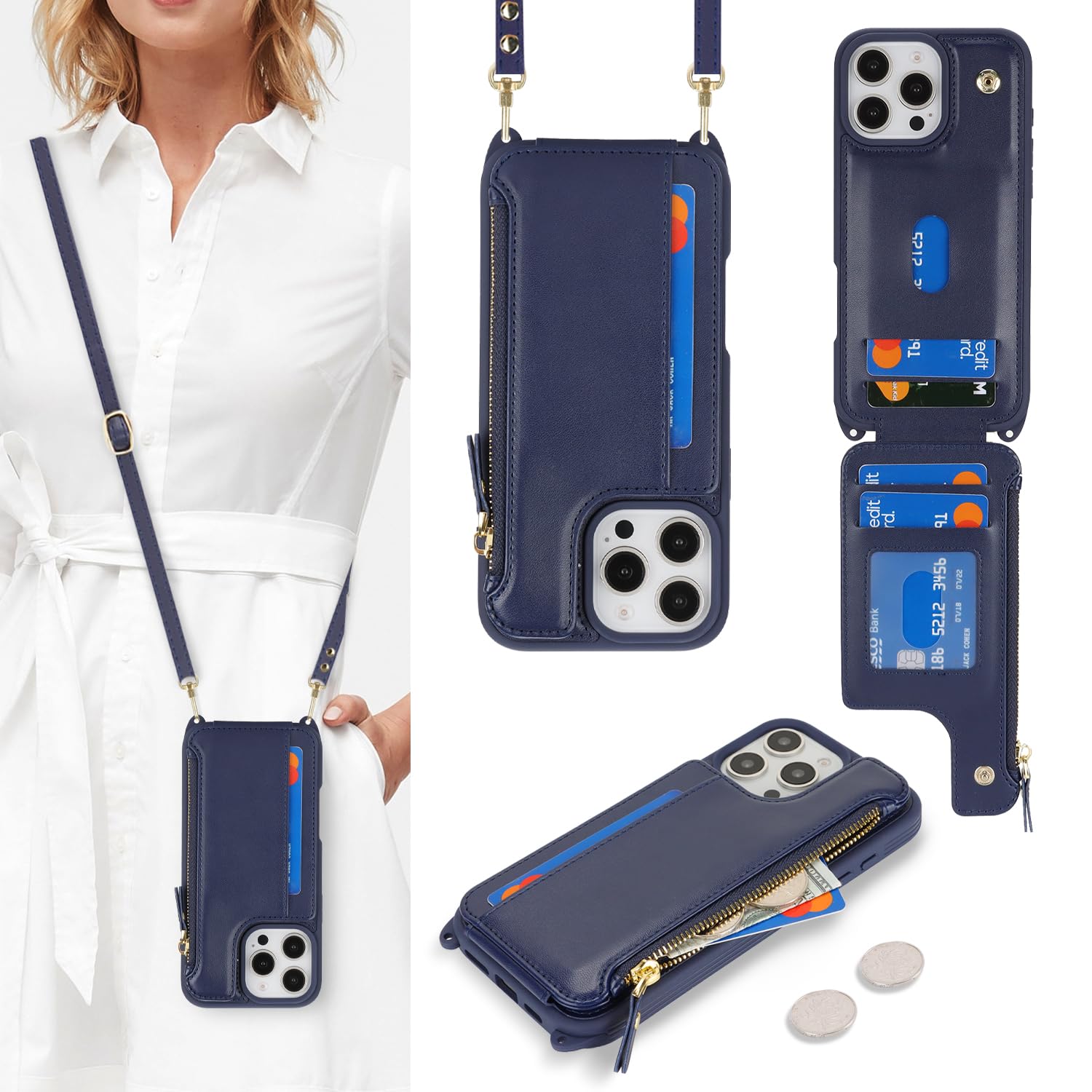 Cavor for iPhone 16 Pro Case with Card Holder,for iPhone 16 Pro Max Wallet Case for Women,Phone Case for iPhone 16 Pro Case with Strap,Crossbody Lanyard and Wristlet Zipper Pocket Case-Blue