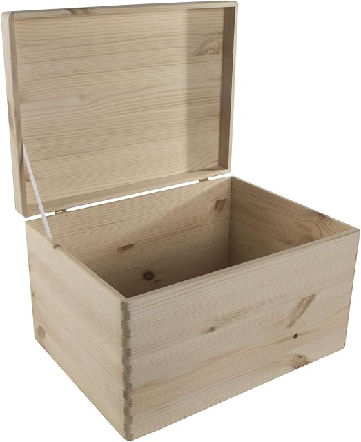 Large Unfinished Wooden Storage Box for Craft | 39.5 x 29.5 x 23 cm | Hinged Pinewood Lid | Memory Keepsake Chest Trunk Toy Box | Unpainted Plain Pine to Decorate