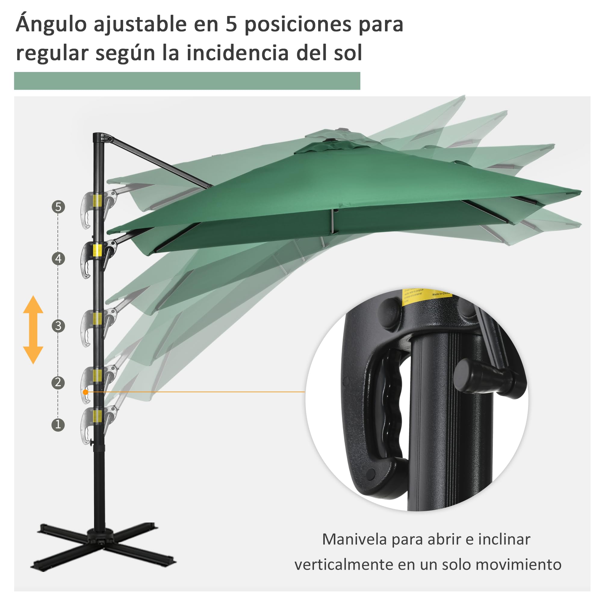 Outsunny Sombrilla de Jardín de Aluminio 245x245x245 cm Parasol Excéntrico con Manivela Giratorio 360° Inclinación de 5 Niveles Tela Poliéster 200 g/m² Desmontable y Ventilación para Patio Terraza
