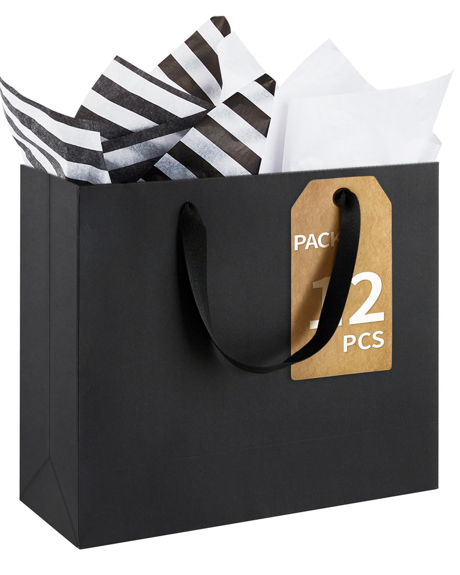 Ohuimrt 12-Count Large Black Gift Bags with Tissue Paper, 12.5x4.5x11 Inch Premium Matte Black Paper Bags with Handles for Party Shopping Birthday Wedding