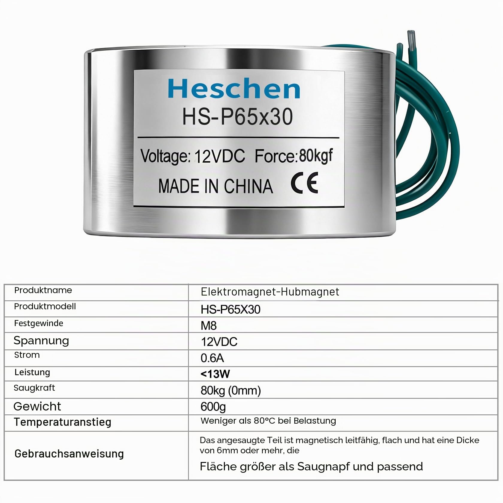 Heschen Elektromagnet Magnet Solenoid, P65/30, OD 65mm, DC12V 13W, 80kg/176lb