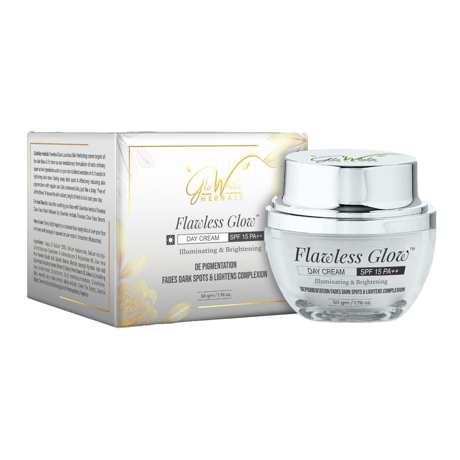GloWhite Herbals Flawless Glow Brightening Day Cream SPF 15PA+++ - Diminishes Dark Spots, Enhances Texture, Hydrates for Youthful Radiance - Enriched with Glycolic Acid, Niacinamide, Vitamin C, Glutathione - Unisex - All Skin Types - 50g