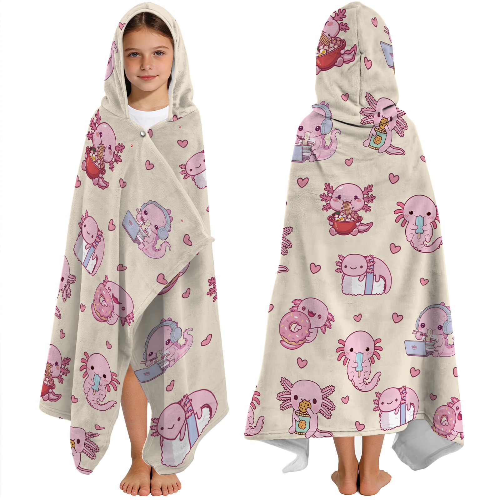 Yasrlvun Boys Axolotl Hooded Towels For Kids 127X76cm Poncho Towels For Kids Teens Beach Towel For Swimming Pool Cute Wearable Bath Towel