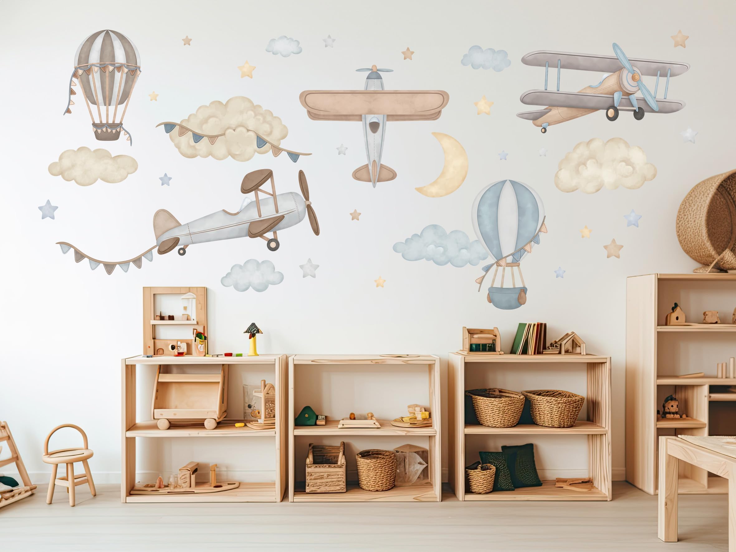 Vinilos Infantiles - Vinilos Decorativos - No Tóxicos, Seguros - Decoración Dormitorio - Aviones, globos, estrellas, nubes, azul - L - 34pzs