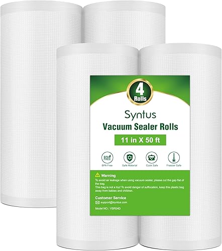 Syntus Bolsas selladoras al vacío para alimentos, 4 rollos de bolsas de grado comercial de 11 pulgadas x 50 pies, bolsas de vacío de alimentos sin