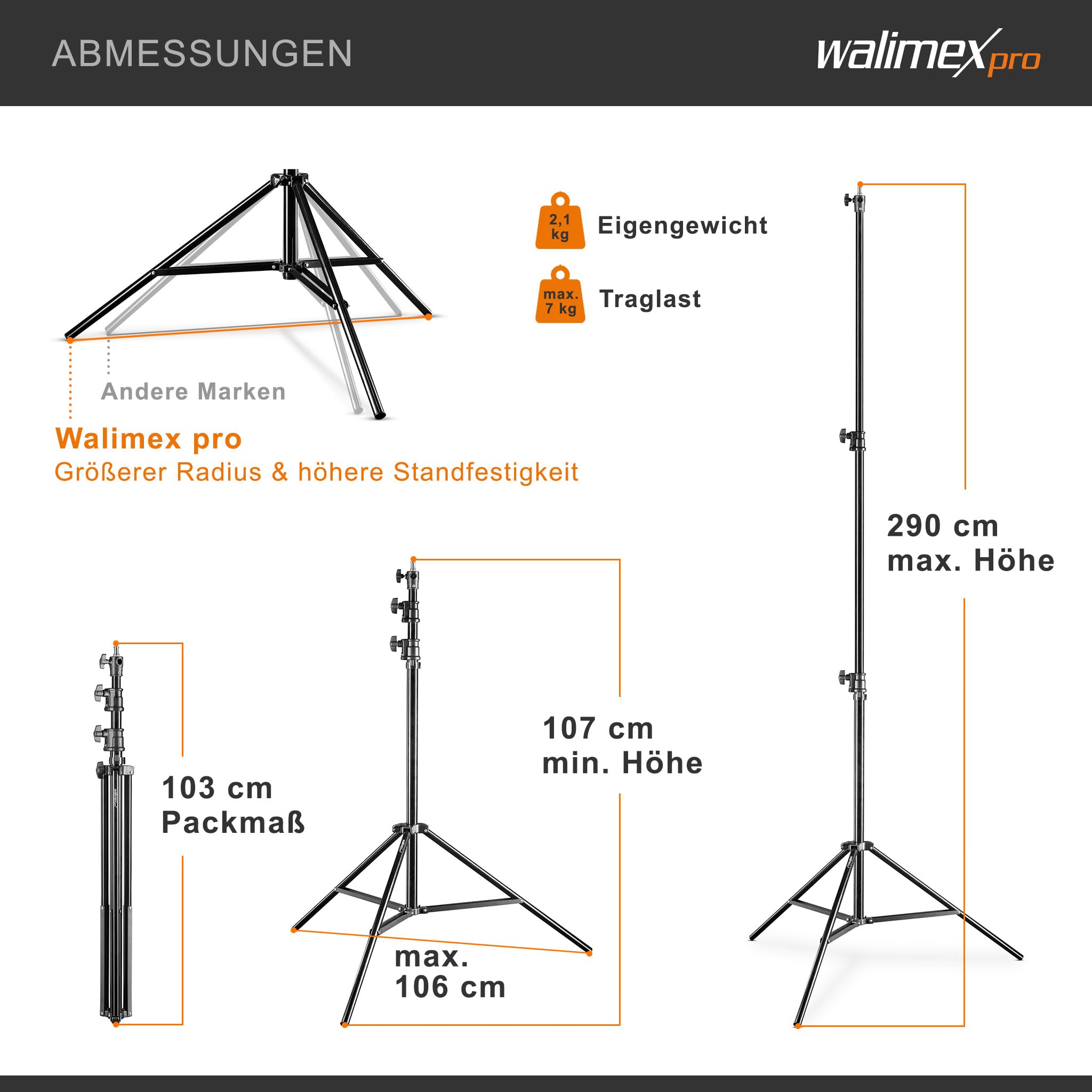 Walimex pro AIR 290 Deluxe Lampenstativ max. Höhe 290 cm, Lichtstativ mit Luftfederung, Blitzstativ mit 7 kg Traglast, Leuchtenstativ aus Aluminium, Dreibeinstativ für Fotostudio und Outdoor