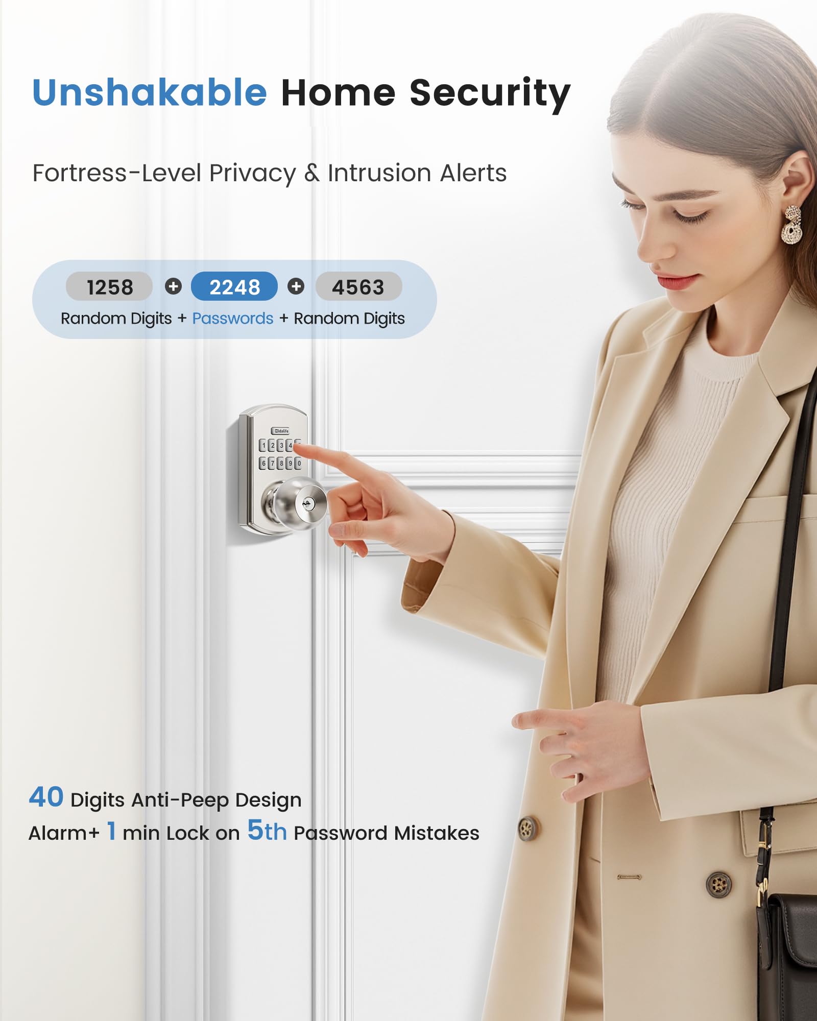Hidalife Pomo de puerta inteligente con teclado, cerradura de puerta de entrada sin llave para puerta delantera, modo de paso fácil, código único, níquel satinado