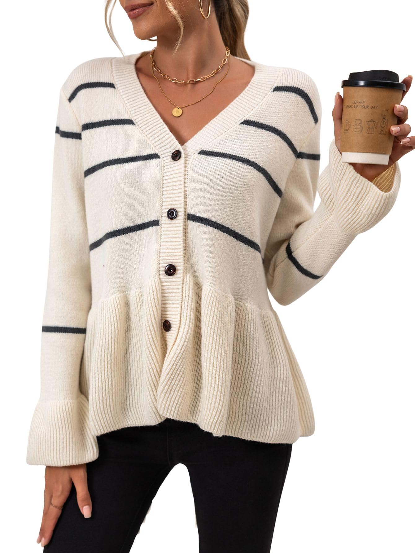 chouyatou Women Casual Blazers Striped Button Knit Lightweight Peplum Cardigan Sweater Jackets for Work