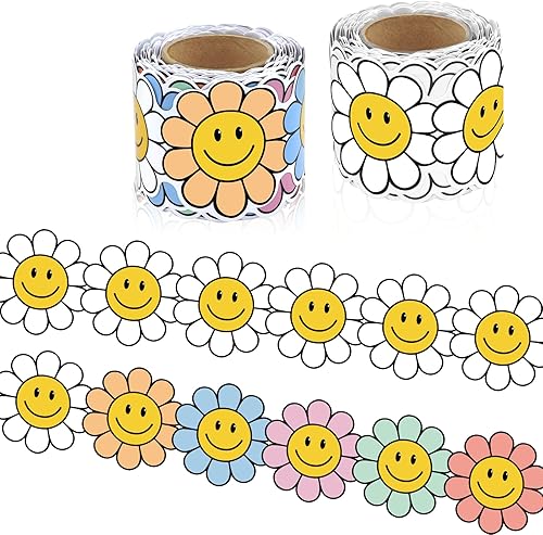 Miniatura 10 de Groovy - Bordes de tablón de anuncios, 72 pies, estilo hippie, retro, con cara sonriente de margarita, bordes enrollados troquelados para decoración