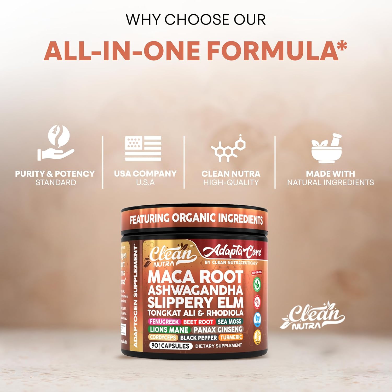 Clean Nutra Organic Maca Root Capsules for Women + Ashwagandha Slippery Elm Tongkat Ali Rhodiola Rosea Fenugreek Beet Root Sea Moss Ginseng Black Yellow Red Maca Powder Supplement 90 Pills - Image 7