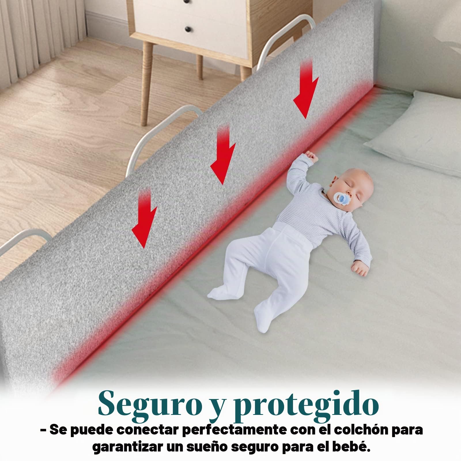 YUENFONG Barrera de cama de 150 cm, protección contra caídas para niños, deformable, protección lateral con 5 agujeros, ajustable, antideslizante, color gris lino