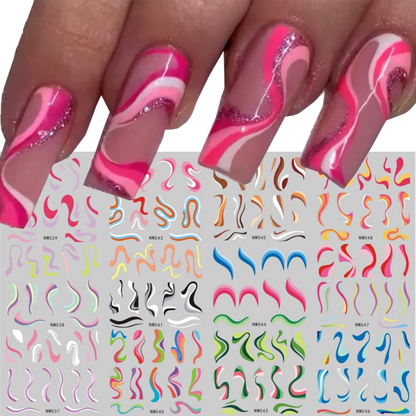 Nail Art Stickers, 12 Sheets Colorful Stripes Water Transfer Nail Decals Rainbow Wave Nail Stickers for Nail Art Nail Decoration Watermark Nail Designs Accessories Acrylic Nail Supplies