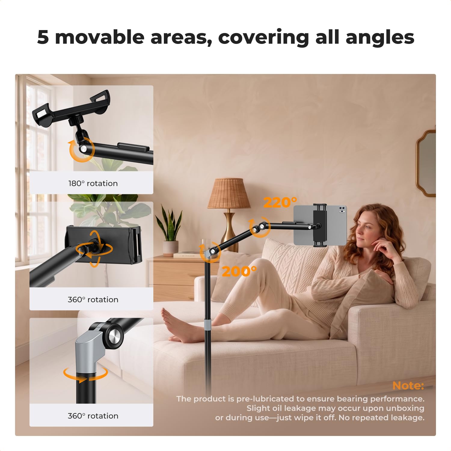 K&F CONCEPT Stojak podłogowy na telefon komórkowy, tablet, 25-160 cm, kompatybilny z iPad/iPhone | Regulowany stojak z głowicą kulową 360°, 25-160 cm, kompatybilny z tabletami i smartfonami